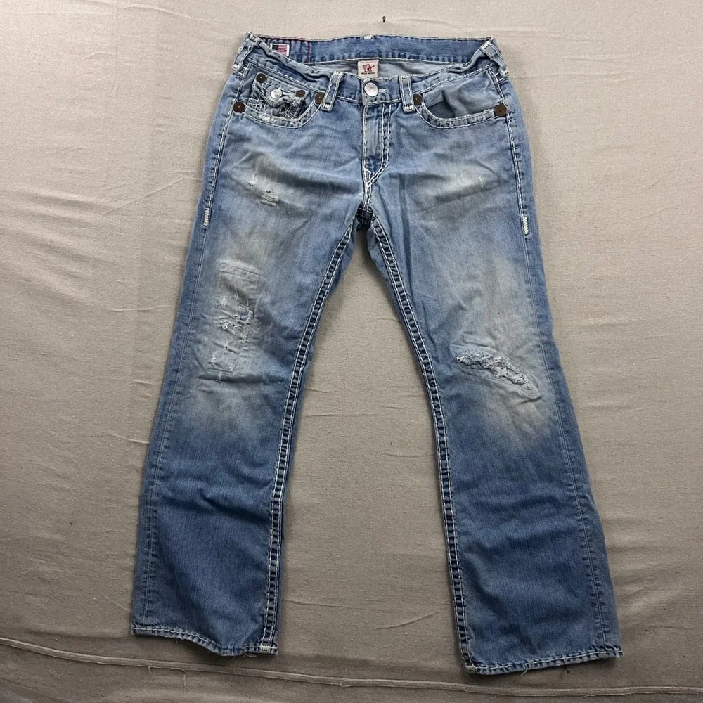 VTG True Religion Billy Super T Jeans 38 Blue Distressed Bootcut Contrast Stitch